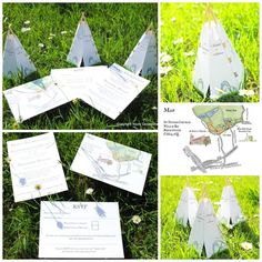 four different views of paper airplanes in the grass