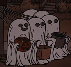 cartoon ghost with trick bags in front of them