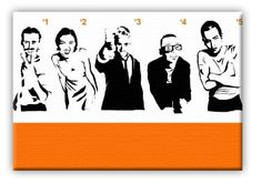 an orange and white business card with images of people in black and white on it