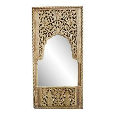 an ornate wooden mirror on a white background