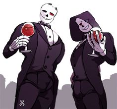 two people dressed in suits and holding wine glasses