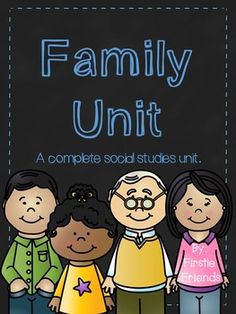 a family unit poster with three children and an adult standing next to each other in front of a chalkboard