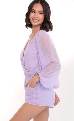 Rompers & Jumpsuits > Gia Balloon Sleeve Romper in Lilac Dots Trendy Balloons, Sorority Outfits, Sleeved Romper, Balloon Sleeves, Chiffon Fabric, Plunging Neckline, Special Occasion Dresses, Light Purple, Crystal Earrings