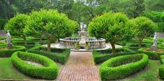 a garden with many hedges and trees around it