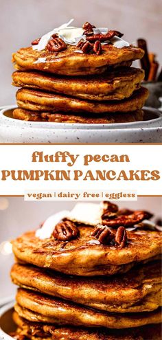 fluffy pecan pumpkin pancakes with whipped cream and pecans on top are the perfect fall dessert