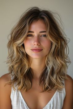 Add dimension to your medium length hair with blonde highlights. These layered haircuts are designed to showcase voluminous waves and a modern, chic aesthetic. Long Blond Hairstyles With Layers, Med Hair Cuts With Layers, Medium Length Haircut Curtain Bangs Wavy, Beachy Haircut Mid Length, Long Length Layered Haircuts, Center Part Medium Length Hair, Summer Haircuts Medium Length, Medium Hair Cuts Wavy, Curly Fine Hair Cuts