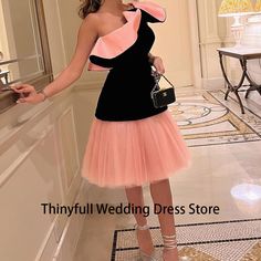 Thinyfull Black Pink Short Prom Dresses Ruffles One Shoulder Party Celebrate Gowns Knee Length Pink Short Prom Dresses, Prom Dresses Ruffles, Dresses Ruffles, Short Prom Dresses, Short Prom, Prom Dresses Short, Pink Shorts, Ruffle Dress, Homecoming