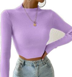 Trendy Purple Knit Tops, Trendy Soft Knit High Neck Top, Trendy High Neck Soft Knit Top, Purple Knit Crew Neck Top, Fitted Casual Sweater In Solid Color, Purple Knitted Long Sleeve Top, Solid Fitted Cropped Sweater, Fitted Cropped Sweater In Solid Color, Trendy Knitted High Neck Tops