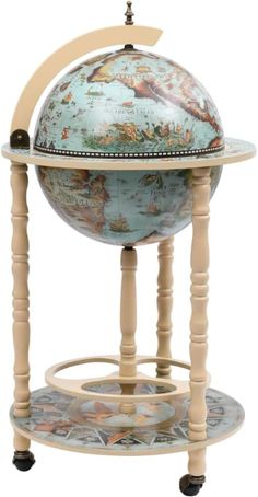 a wooden stand with an earth globe on it's top and two shelves below