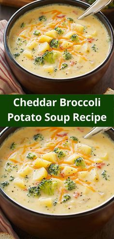 two bowls of cheddar broccoli potato soup