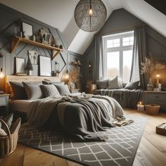 a bedroom with gray walls and wooden floors, large bed in the center surrounded by pillows and blankets