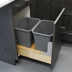 two trash cans are in the pull out cabinet