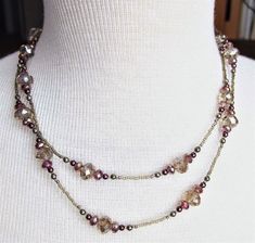 "Beautiful sparkling crystals and a neutral palette combine to make this necklace eye-catching, but not overbearing.  Long enough to double, increasing the options.  The long length looks perfect with a tunic, the doubled shorter length is perfect for inside a collar, with a jewel neckline, or to fill a U neckline. Necklace is 36\" OOAK, my design." Elegant Multi-strand Necklace With Dangling Beads, Long Necklace Diy, Elegant Multi-strand Gemstone Beaded Necklace, Elegant Handmade Multi-strand Crystal Necklace, Elegant Beaded Multi-strand Crystal Necklaces, Long Crystal Necklace, Elegant Multi-strand Crystal Necklaces With Polished Beads, Edwardian Necklace, Grey Pearl Earrings