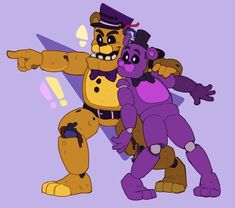 two cartoon characters, one in purple and the other in yellow