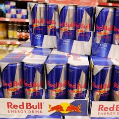 red bull energy drink on display in a store