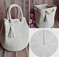 an image of a woven bag with tassels on the handles and bottom part