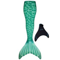 a green mermaid tail with a black mask on it's head and a white background