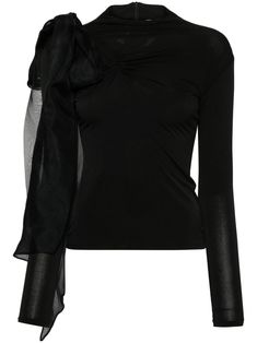 black stretch-jersey oversize bow detail ruched detailing high neck concealed rear zip fastening long sleeves straight hem Fashion Study, Ruched Top, Yoko London, City Dress, Airport Fashion, Summer Beach Wear, Glam Rock, Blouse Black, Black Stretch