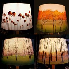 three lamps with trees painted on them