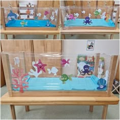 three pictures of different sea animals in plastic cases on a wooden table with other items