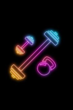 two dumbs and a barbell glowing in neon colors on a black background illustration