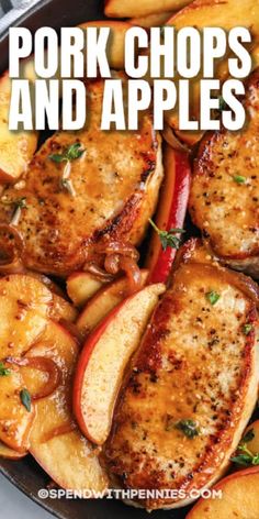 pork chops and apples in a skillet with text overlay that reads pork chops and apples