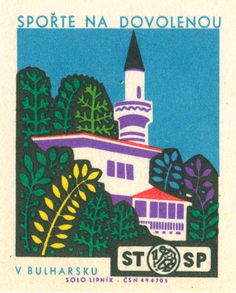 a stamp with an image of a building and trees in front of the words stop