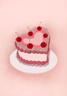 a heart shaped cake with cherries on top sits on a white plate against a pink background