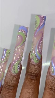 Purple And Sage Green Nails, Light Purple And Green Nails, Green And Lilac Nails, Green And Purple Nails, Purple And Green Nails, Rapunzel Purple, Practice Nails, Purple And Pink Nails, Swirl Nails