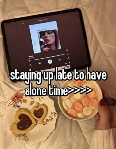 someone is watching something on their laptop with the caption saying staying up late to have alone time > > >