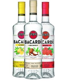 three bottles of bacabacardi are sitting side by side on a white background