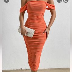 Measurements: Bust: 33.1 In Waist: 28.4 In Hips: 35.5 In Nwot Never Worn Knee-length Ruched Bodycon Dress For Brunch, Fitted Orange Pleated Midi Dress, Stretch Ruched Midi Dress For Beach, Summer Bodycon Ruched Midi Dress, Casual Ruched Midi Dress For Party, Chic Ruched Bodycon Dress For The Beach, Ruched Bodycon Dress For The Beach, Casual Party Midi Dress With Ruched Bodice, Summer Brunch Bodycon Dress With Ruched Details