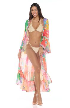 A vibrant tropical-inspired pattern enlivens this vacation-ready duster framed with three-quarter ruffle sleeves. 52" length (size One Size) Open front Three-quarter sleeves 100% polyester Hand wash, dry flat Imported Spring Long Sleeve Pool Cover-up, Tropical Style Swimwear For Spring Brunch, Tropical Swimwear For Spring Brunch, Spring Tropical Print Cover-up For Poolside, Multicolor Hawaiian Cover-up For Spring, Spring Beach Party Cover-up With Vibrant Print, Spring Hawaiian Multicolor Cover-up, Multicolor Hawaiian Spring Cover-up, Spring Tropical Print Cover-up For Beach Party