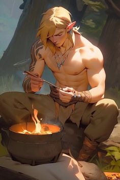 a man sitting on the ground next to a pot filled with fire and looking at his cell phone