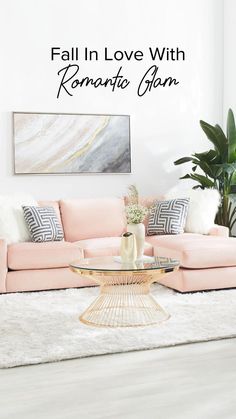 a living room with pink couches and white rugs