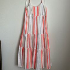 Peach, Teal, Gold And White Vertical Striped Midi Dress With Adjustable Straps And A Smocked Back. Tiered Design. Fully Lined. Shell: 95% Cotton, 5% Polyester, Lining: 100% Cotton. White Tiered Summer Dress, White Tiered Sundress For Day Out, White Cotton Beach Midi Dress, White Tiered Midi Dress For Beach, White Tiered Midi Dress For The Beach, White Tiered Casual Dress, Casual White Tiered Midi Dress, For The Republic, Draped Midi Dresses