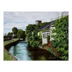 a painting of a river running through a lush green park next to a white building