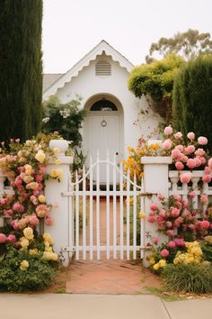 a white gate with pink and yellow flowers around it