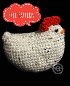 a crocheted chicken with a thought bubble above it