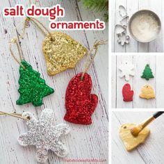 christmas ornaments made out of salt dough on a table with the words salt dough ornaments