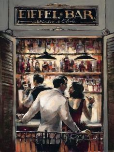 a painting of two people at a bar in front of the door to a restaurant