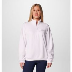 Layer on the warmth in this soft quarter-zip pullover made with a soft cotton blend and ribbed detailing for a finished look. Spring Half-zip Loungewear Sweater, Spring Half-zip Sweater For Loungewear, White Half-zip Top With Ribbed Collar, Casual Ribbed Half-zip Outerwear, Spring Half-zip Sweater With Ribbed Collar, White Winter Top With Ribbed Waistband, Sporty Half-zip Sweater, White Fleece Half-zip Top, White Half-zip Athleisure Sweatshirt