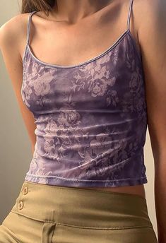 Floral Print Mesh Backless Cami Top Mesh Floral Crop Cami Top - AnotherChill Denim Shorts Outfit, Purple Crop Top, Vintage Floral Pattern, Cropped Cami, Cami Crop Top, Moda Vintage, Top Fabric, Printed Tank Tops, Corsets