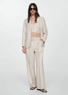 Pinstripe suit blazer -  Women | Mango USA Linen V-neck Outerwear For Work, Chic V-neck Blazer For Office, Chic V-neck Blazer For Office Wear, Spring V-neck Blazer For Business Casual, Spring V-neck Blazer For Office Wear, Blazer Suit Women, Blazer Women, Blazer Beige, Pinstripe Suit