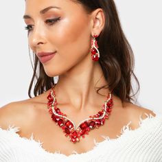 Style No : [176714] Evn990-Gd-Rd Color : Red Necklace : 19" + 3" L Decor : 1.25" L Earrings: 2.2" L Lobster Claw Clasp Post Back Glass Crystal Evening Necklace Red Ruby Jewelry For Valentine's Day, Red Jewelry For Valentine's Day Party, Red Jewelry For Christmas Celebration, Red Valentine's Party Jewelry, Valentine's Day Red Ruby Jewelry, Red Crystal Jewelry Sets For Valentine's Day, Red Ruby Jewelry Sets For Party, Red Jewelry For Holiday Party, Elegant Red Necklace For Christmas