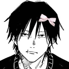 an anime character with black hair and a pink bow tie