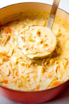 a ladle in a pot filled with chicken noodle soup and cheese on top