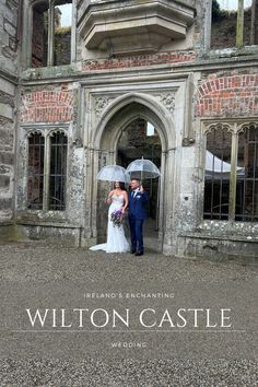 a bride and groom standing under an umbrella in front of a castle with the words, wedding & enchanting