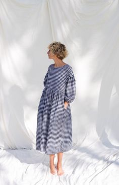 Blue Colour Dress, Dress With Puffy Sleeves, Pleated Skirt Dress, High Waist Dress, Ruffled Skirt, Check Dress, Gingham Dress, Puffy Sleeves, Linen Dresses