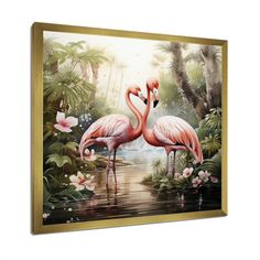 two pink flamingos standing in the water surrounded by tropical plants and flowers, framed on canvas